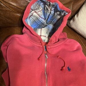 Ralph Lauren Polo zipper hoodie. Trendy faded red w plaid lining In the hoodie